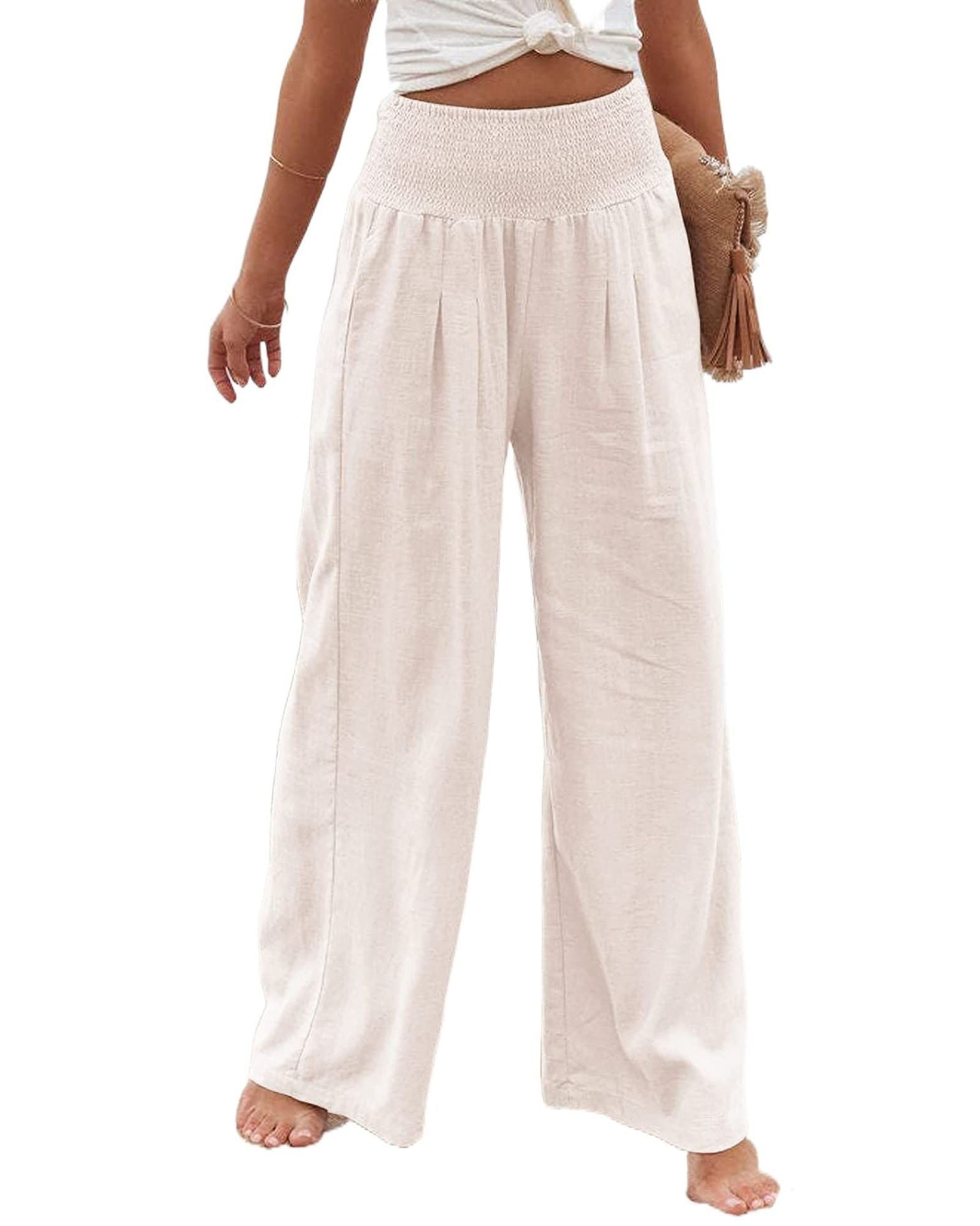 Damen-Leinenhose mit weitem Bein, elastischem Bund und Bundfalten, Größe