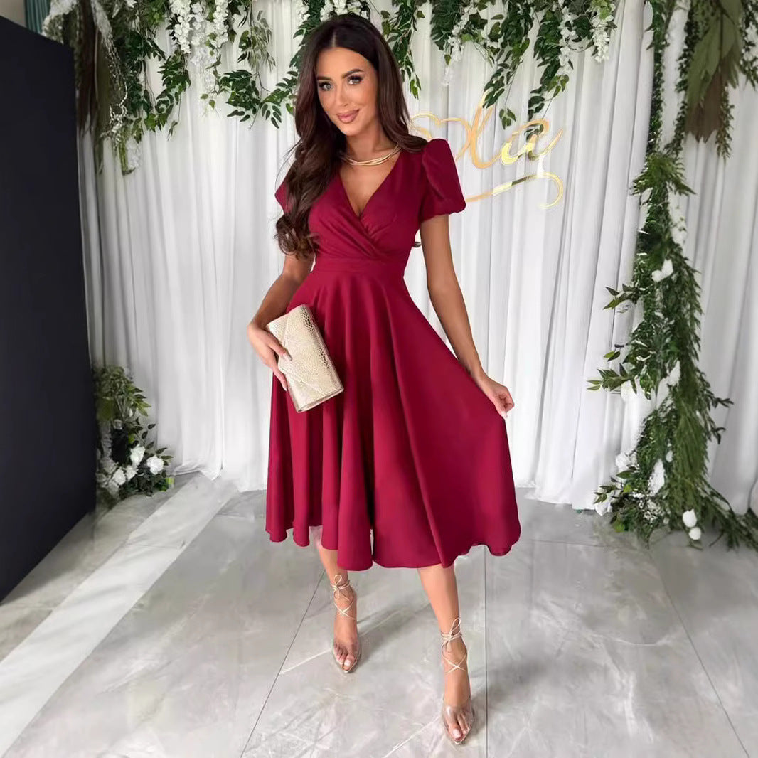 Valenzora | Commuting Solid Color Fitted Puff Sleeve Flared Dress