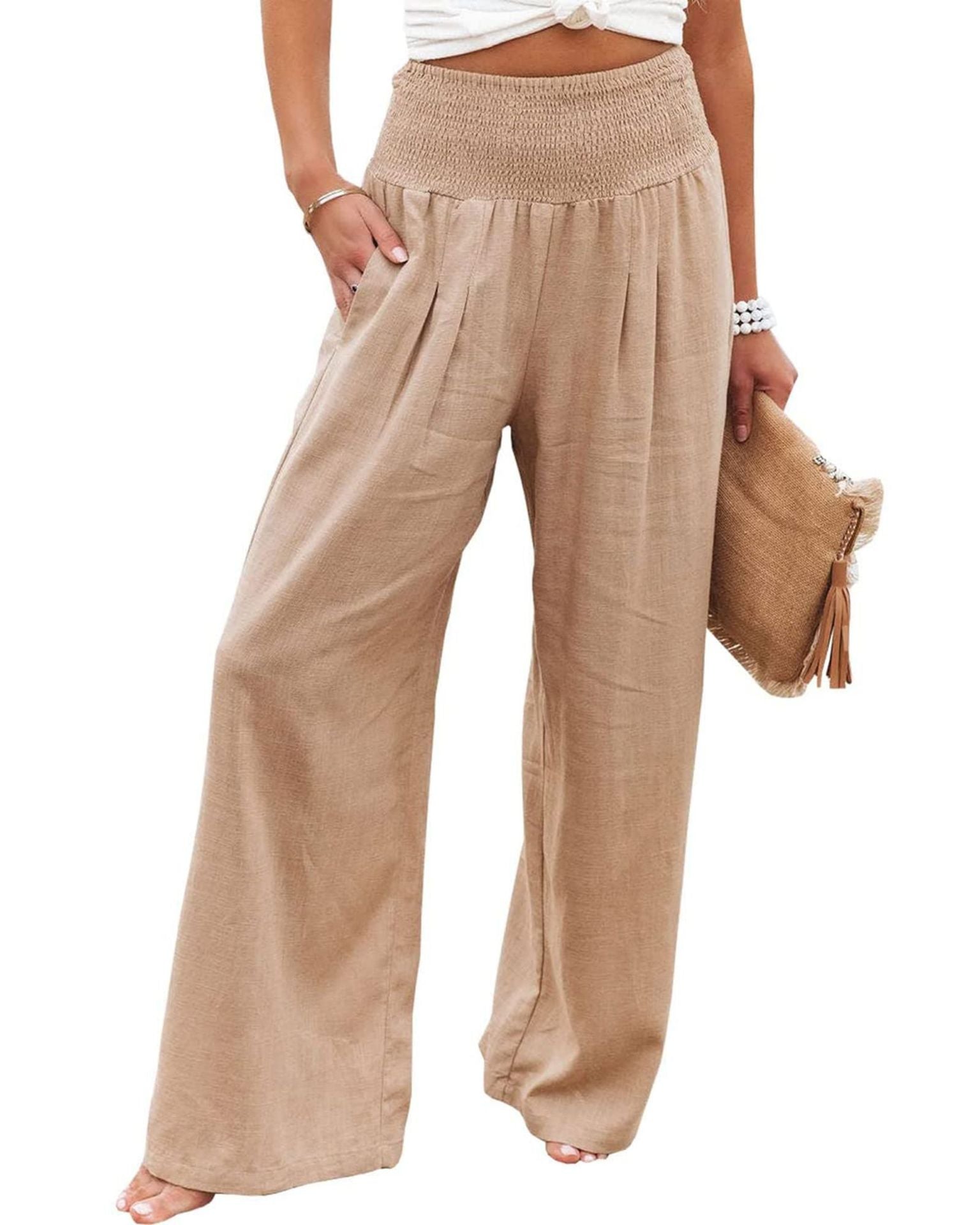Damen-Leinenhose mit weitem Bein, elastischem Bund und Bundfalten, Größe