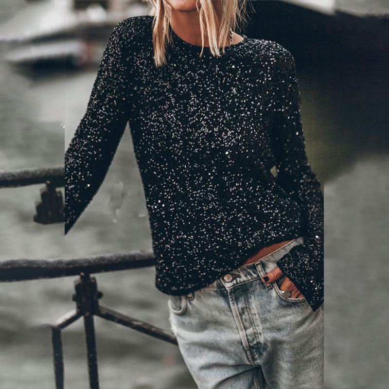 Women's glittery top with long ruffled sleeves and all-over sequins, size [size missing]