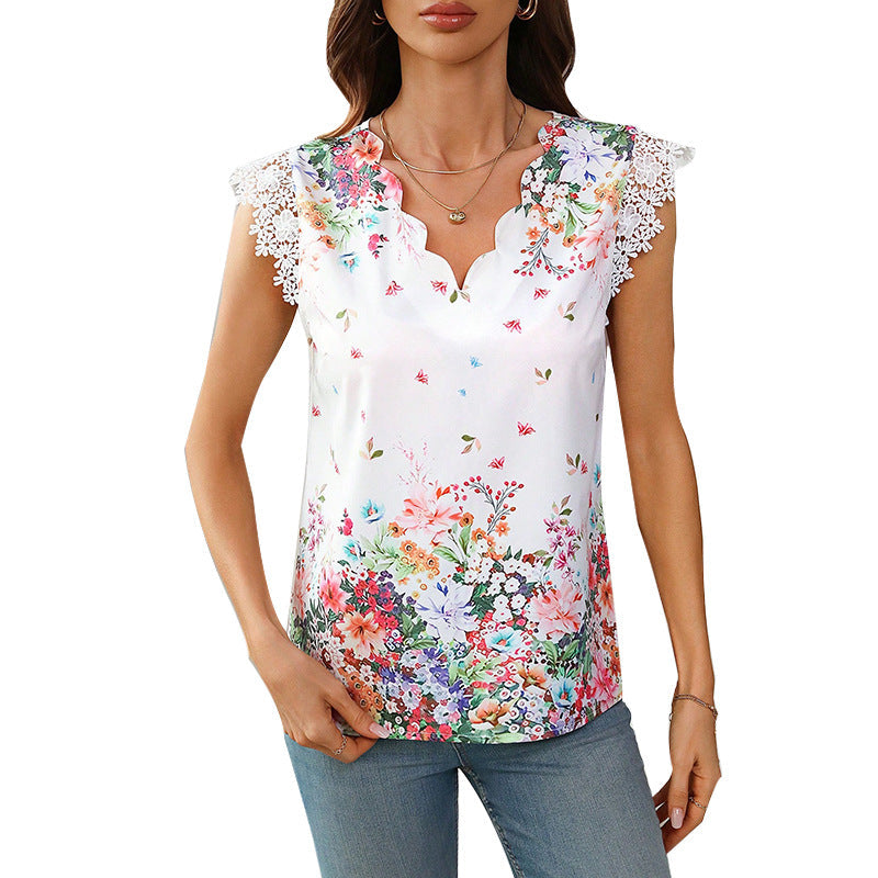 Damenbluse mit Blumenmuster und eleganten Spitzenärmeln, Größe