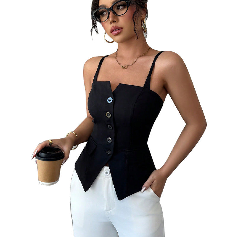 Women's sleeveless blouse top with a tailored cut and button details, size [size]