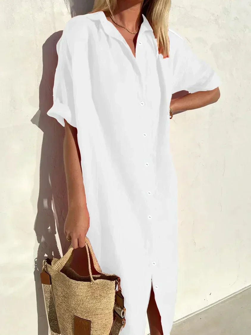 Valenzora | Button-up dress with wide neckline and narrow sleeves, elegant and relaxed, for women, cotton and linen dresses