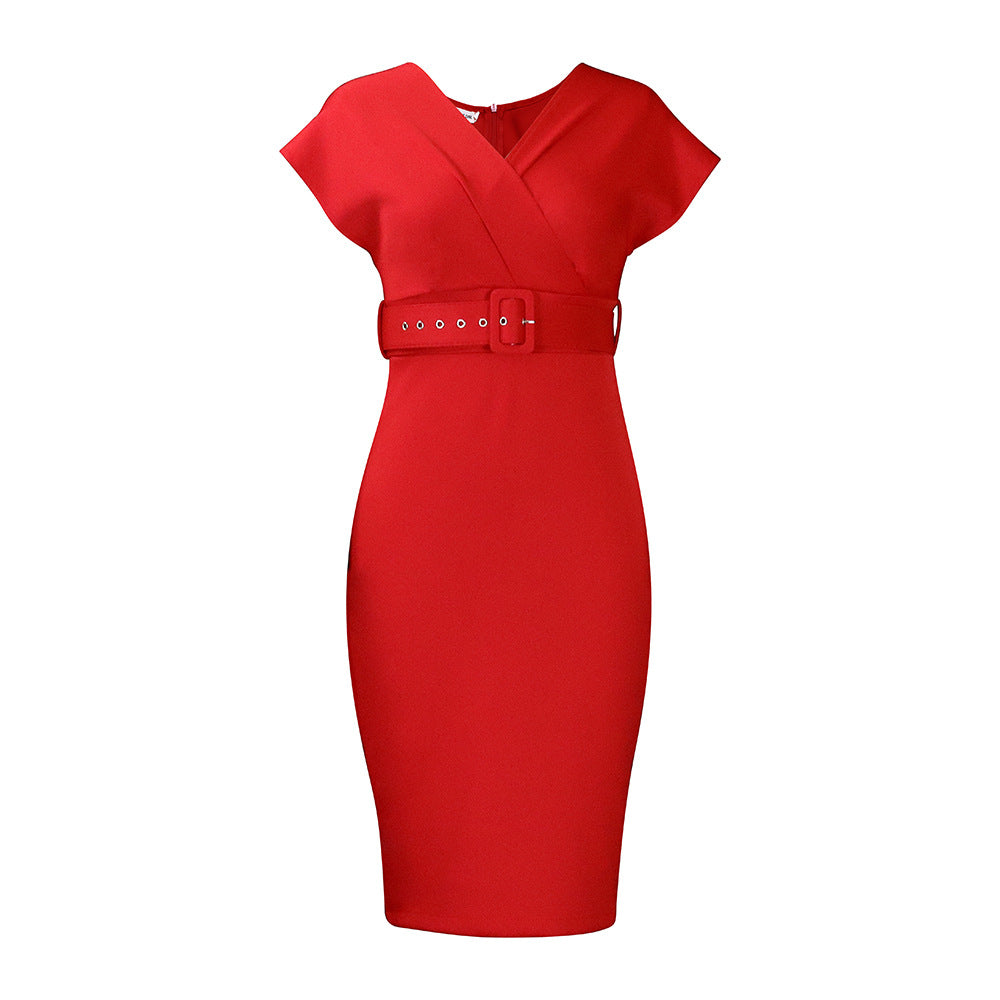 Valenzora | Tailliertes Damen-Midi-Kleid mit V-Ausschnitt und Gürtel