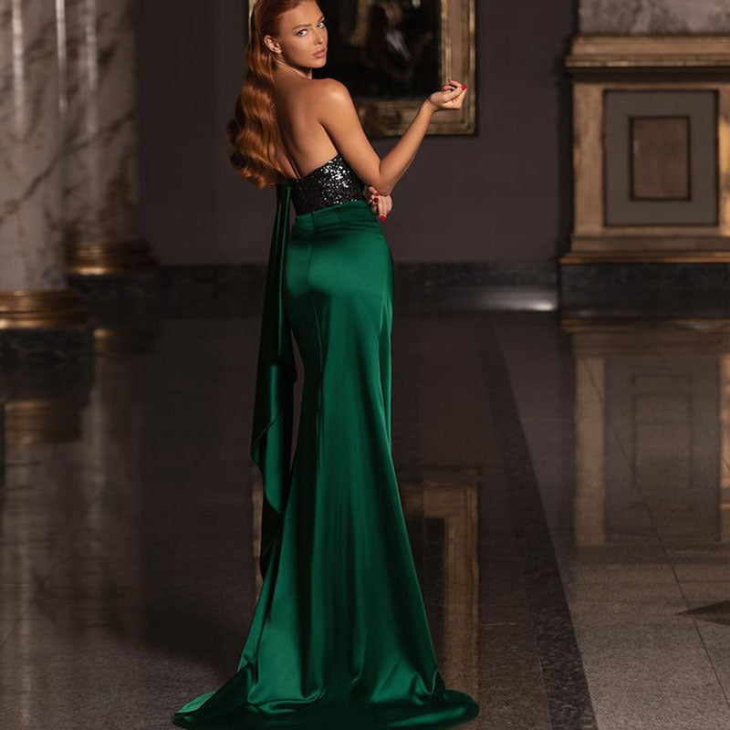 Women's elegant evening dress with transparent top and high slit, size