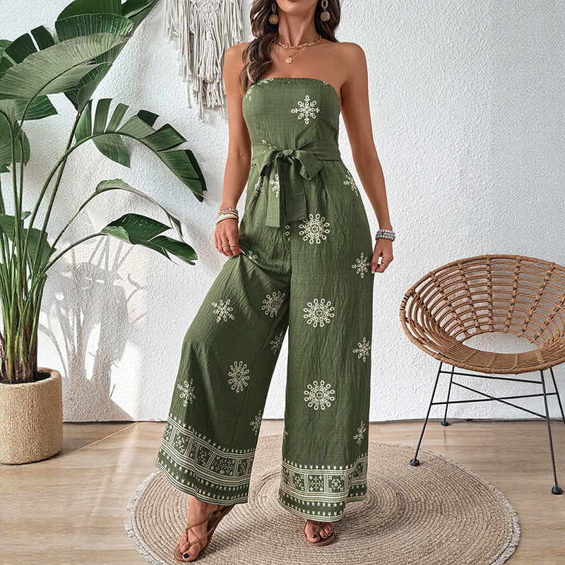 Women's jumpsuit with off-the-shoulder design and elegant tie belt, size