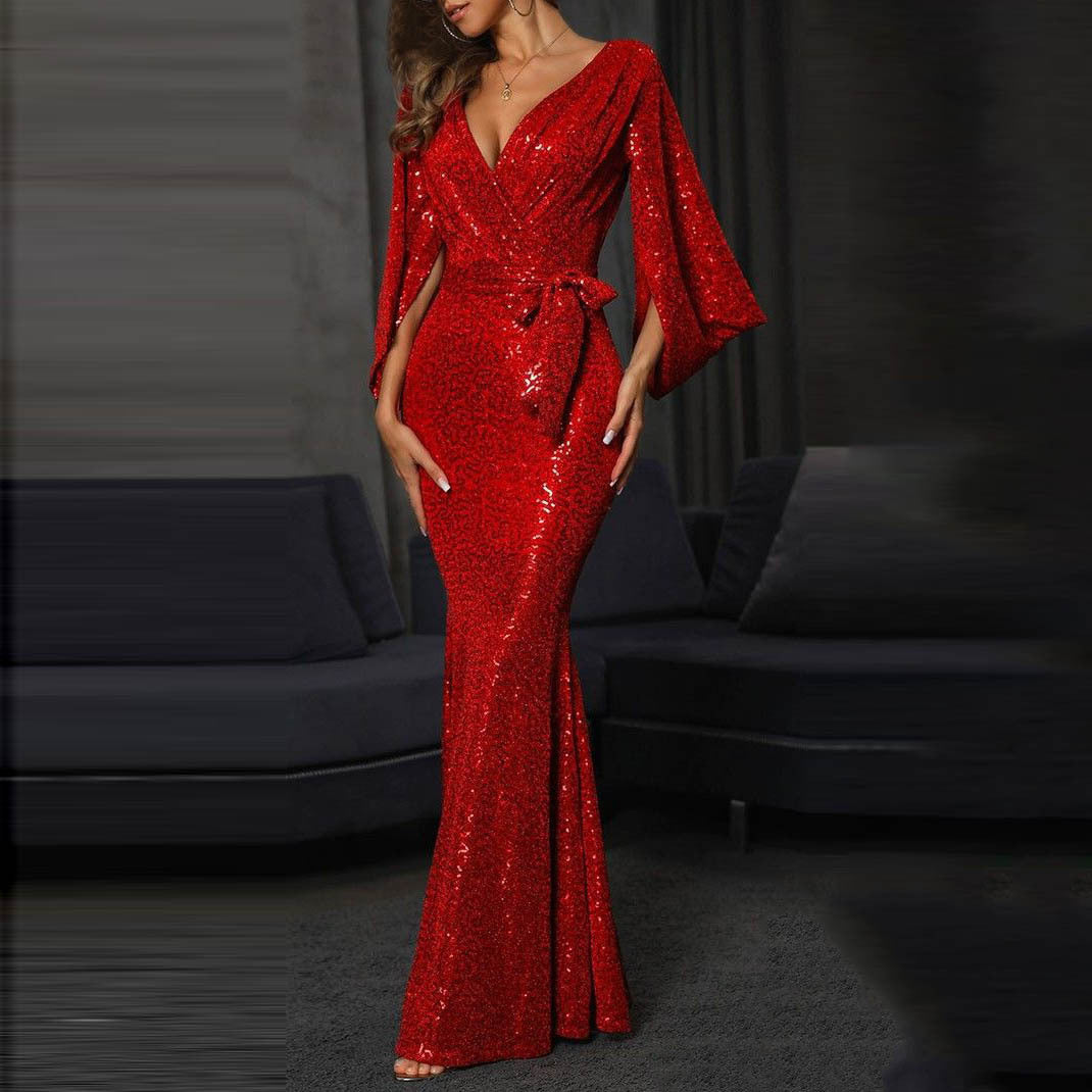Damen glitzerndes Pailletten-Abendkleid mit tiefem V-Ausschnitt und eleganten langen Ärmeln, Größe [size missing]