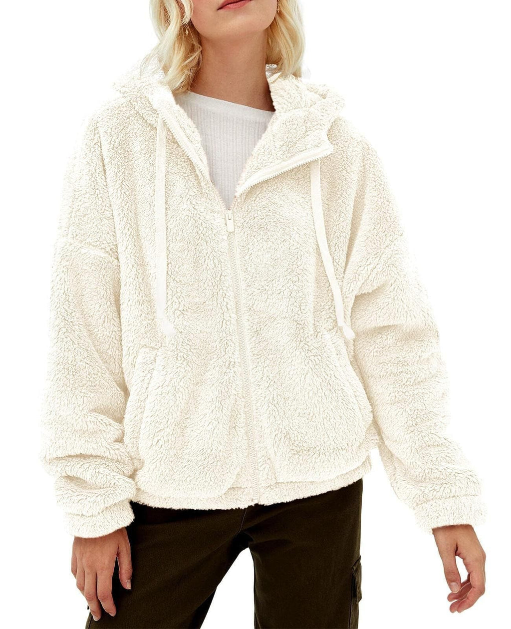Damen flauschige Kapuzenjacke mit praktischen Taschen und Reißverschluss, Größe