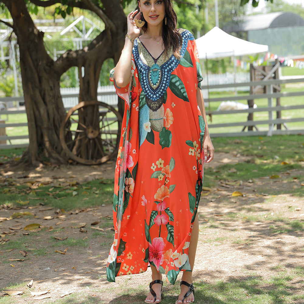 Women's beach kaftan with artistic floral pattern and decorative pearl embellishment, size Valenzora