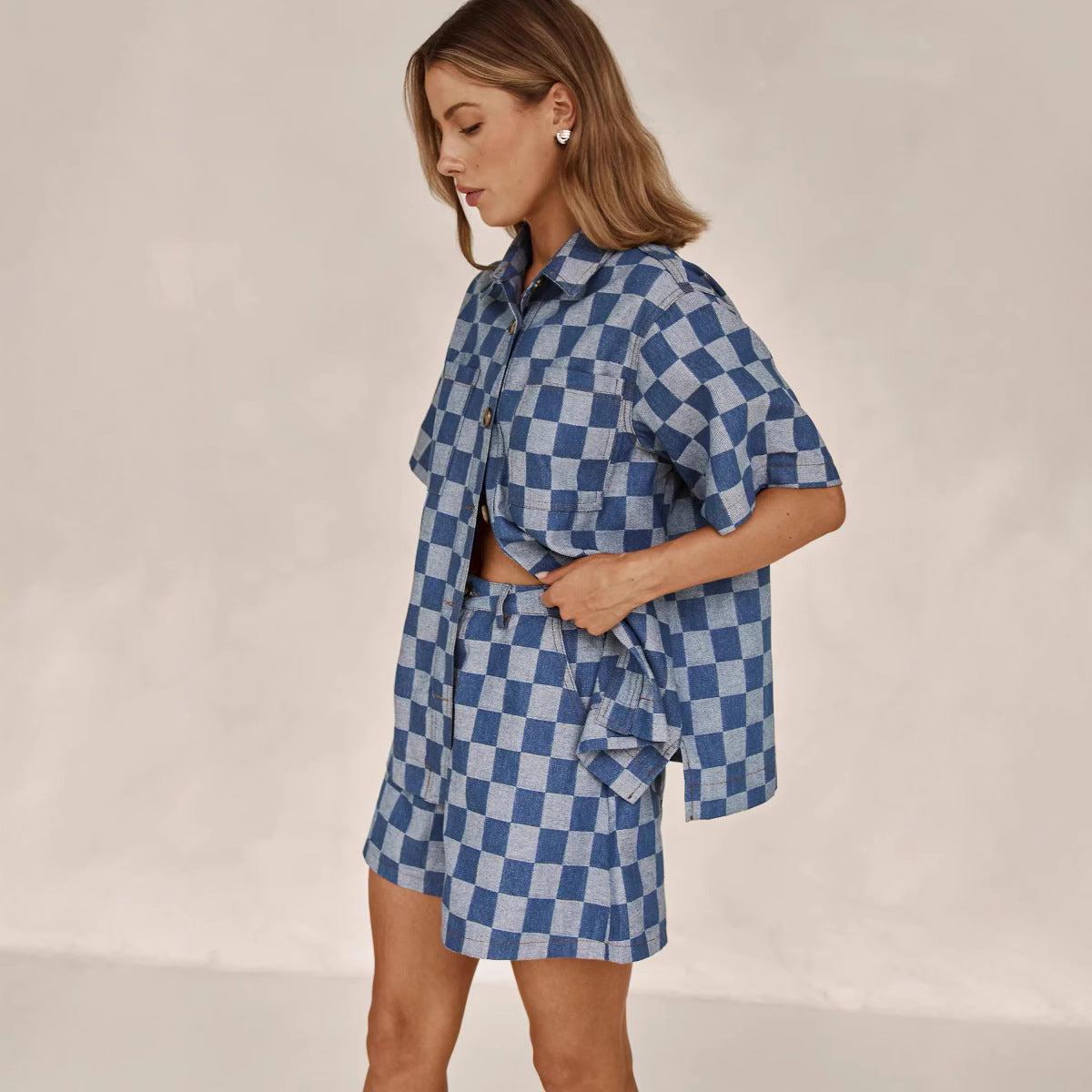 Women's Checkered Denim Shirt Set, Size