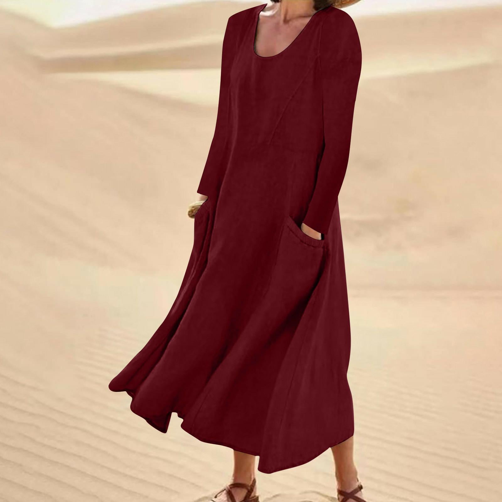Valenzora | Einfarbiges Kleid mit langen Ärmeln und Rundhalsausschnitt