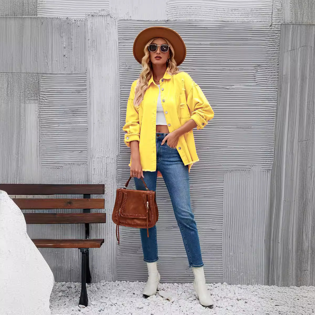 Damen-Hemdjacke aus Denim im lässigen Oversized-Schnitt mit Fransen, Größe Valenzora