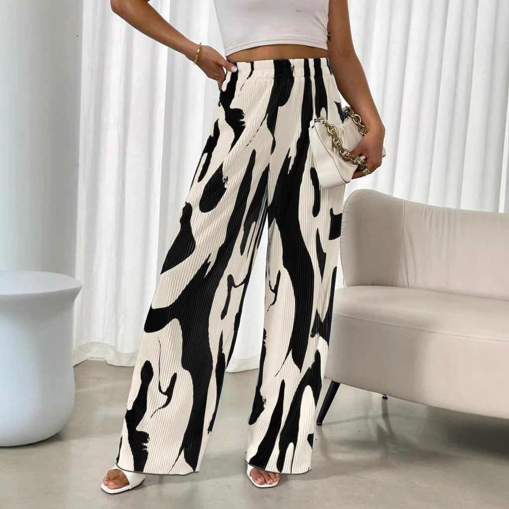 Damen-Hose, weit geschnitten, plissiert, mit Gummibund und modischem Muster, Größe [size]