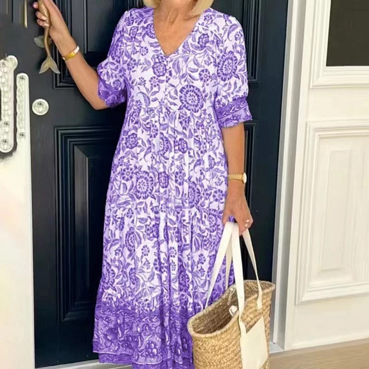 Valenzora | Langes floral bedrucktes Batik-Kleid mit Dreiviertelärmeln