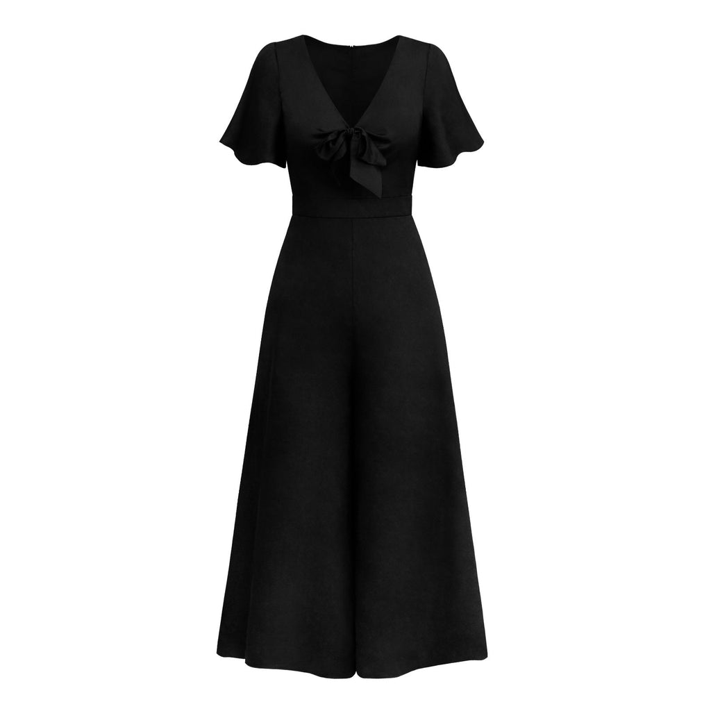 Valenzora | Short-sleeved wide-leg casual V-neck jumpsuit