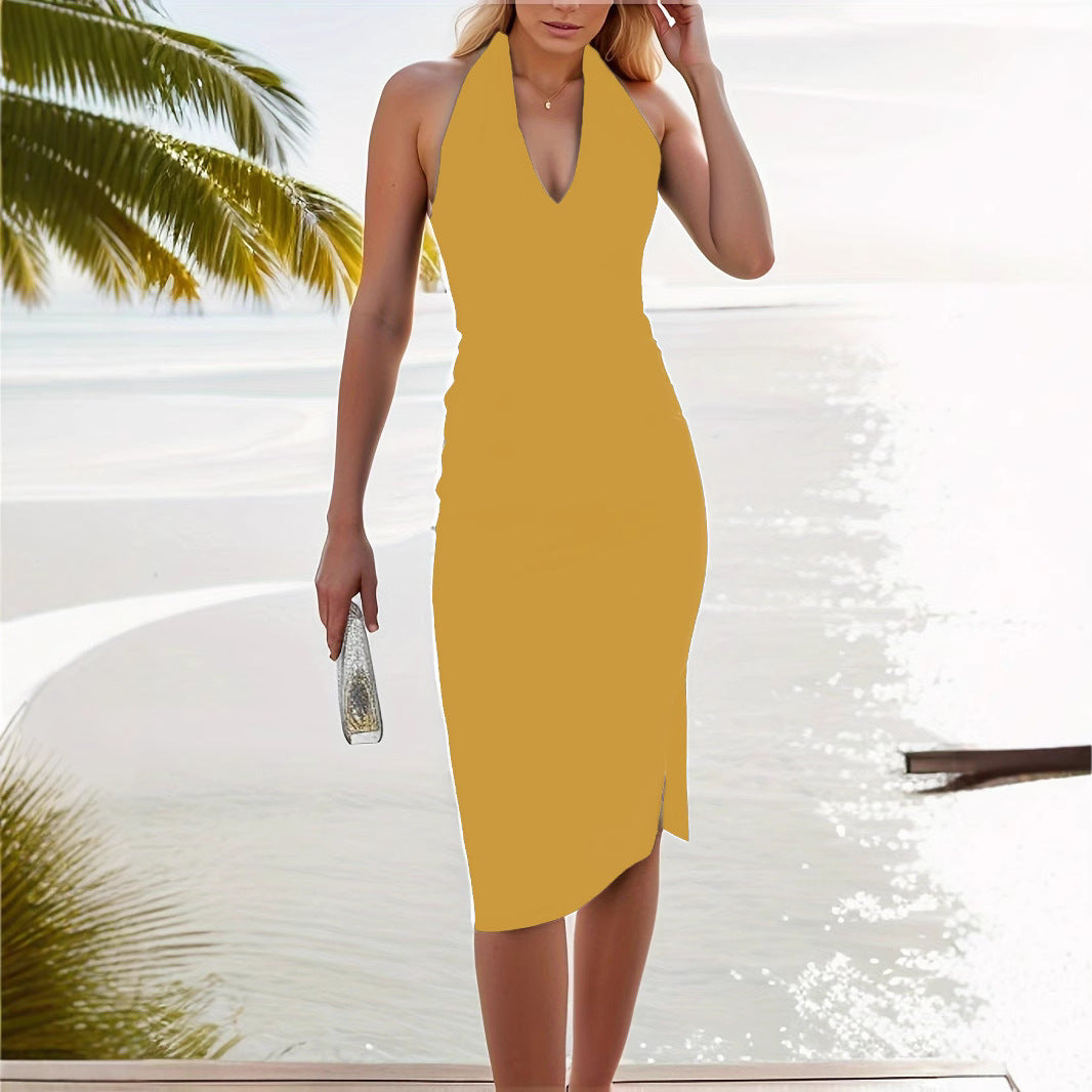 Women's elegant wrap dress with deep V-neck and figure-hugging cut, size S