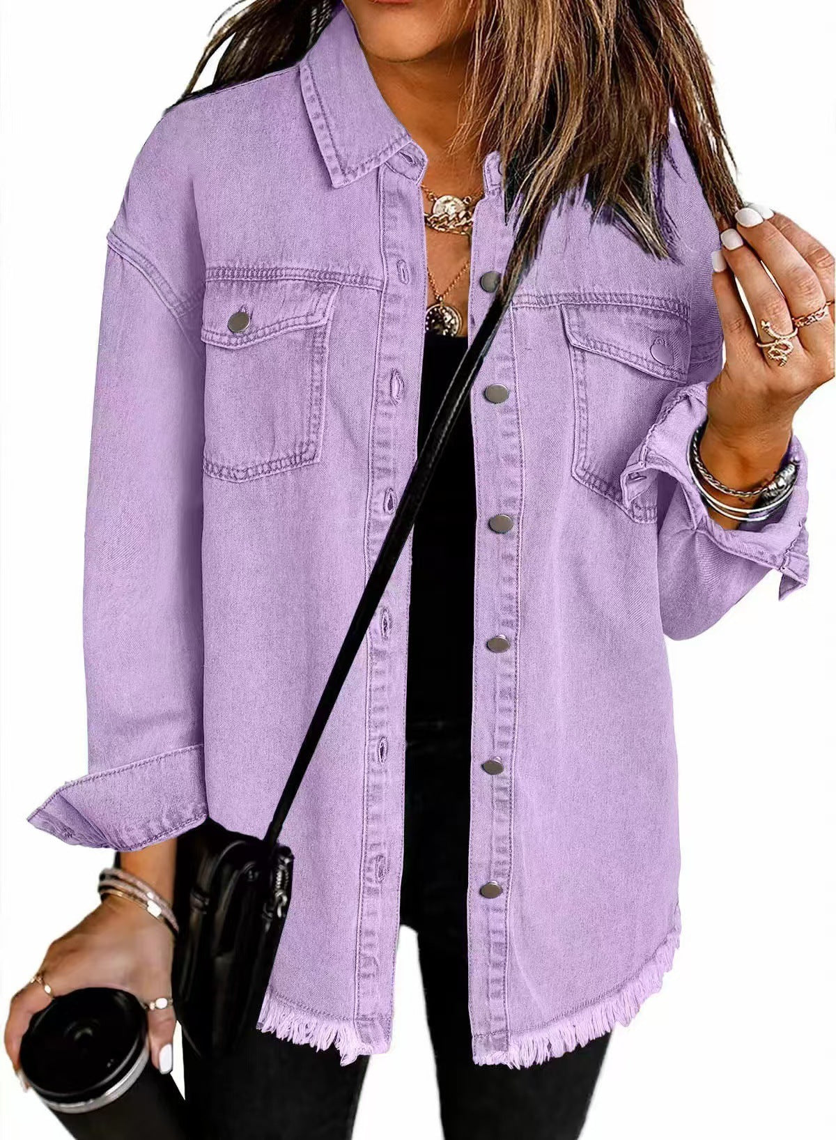 Women's Oversized Denim Shirt with Fringes, Size