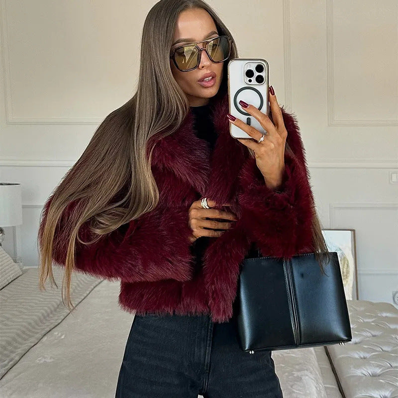 Damen-Webpelzjacke mit voluminösem Kragen und elegantem Schnitt, Größe S