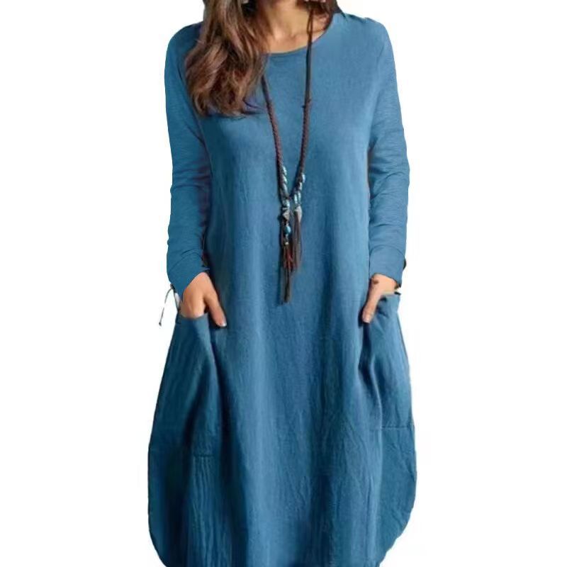 Valenzora | Relaxed Cotton-Linen Solid Color Pocket Long Sleeve Dress