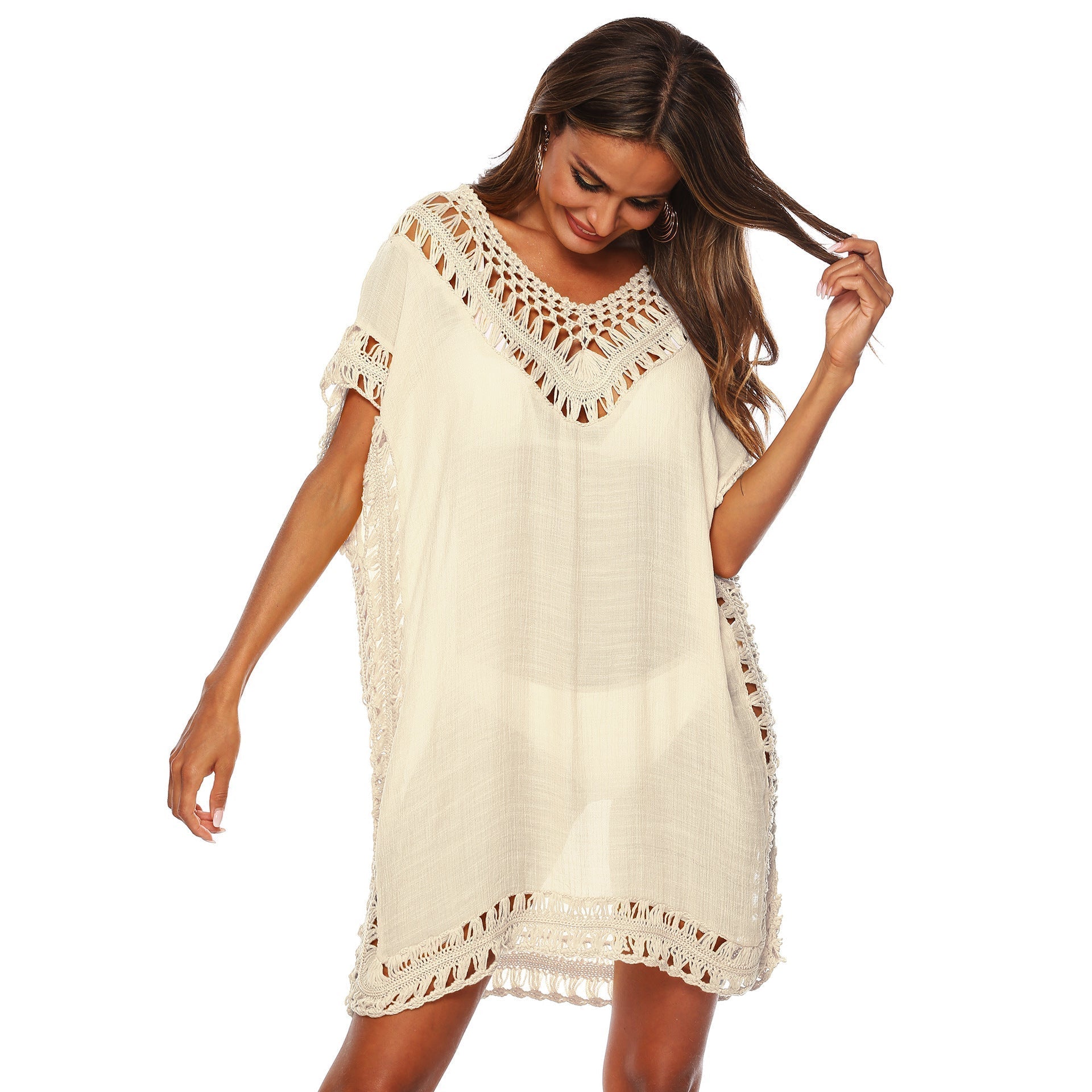 Women's beach tunic with artistic crochet embellishments, size Valenzora