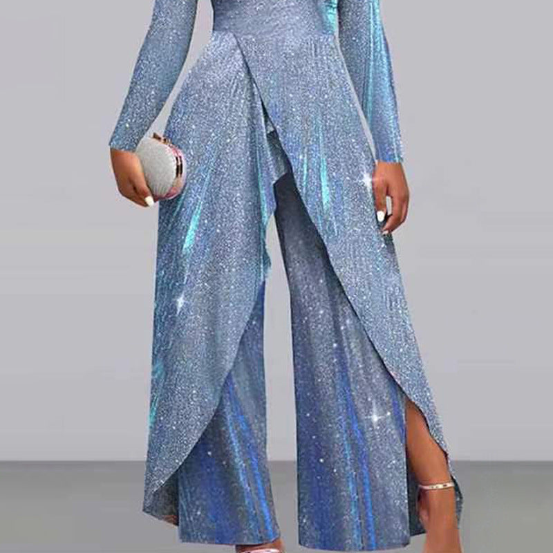 Women's glamorous jumpsuit with shimmering sequin trim and elegant cut-outs, size Valenzora