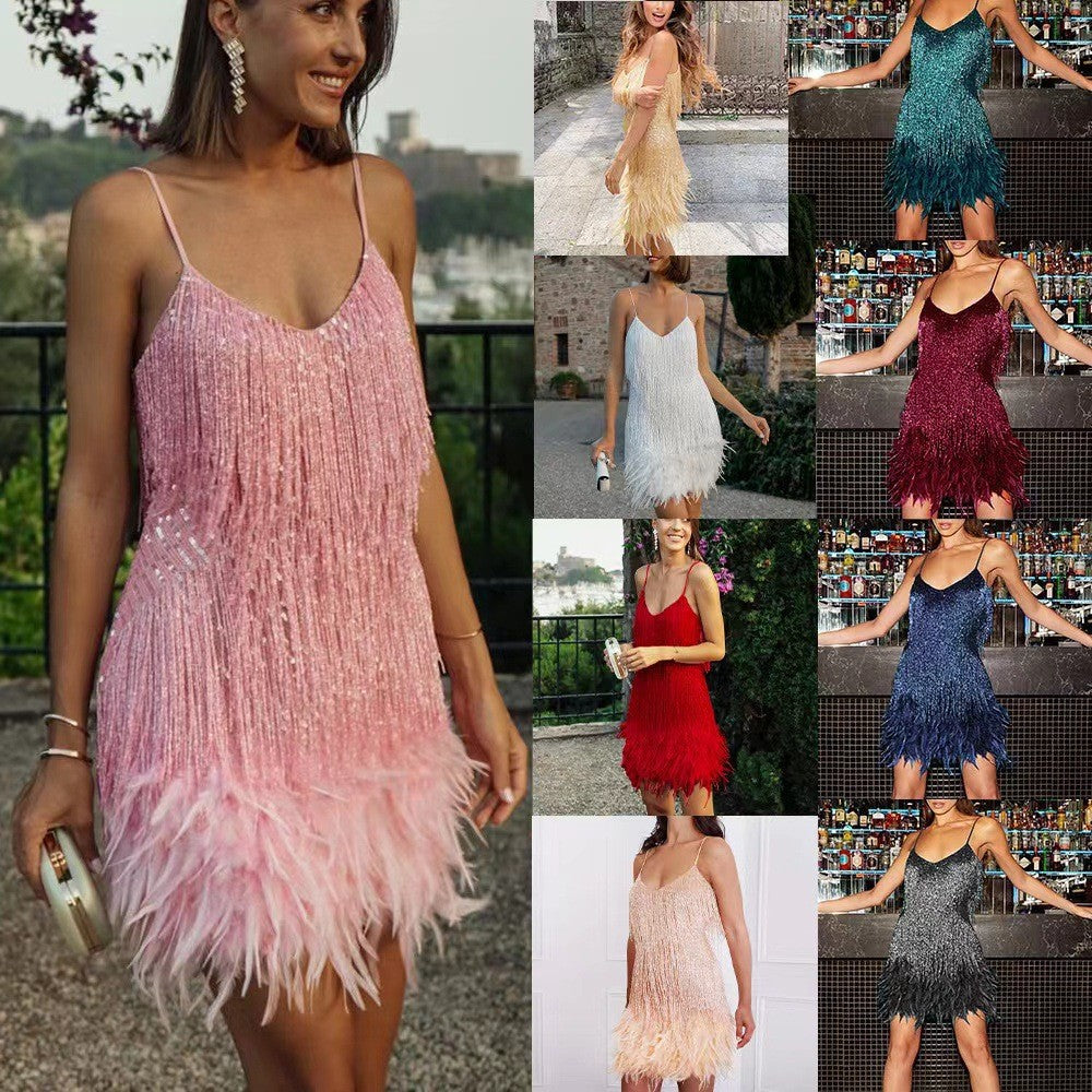 Glitzerndes kurzes Kleid für Damen mit Federn und glitzernden Pailletten, Größe
