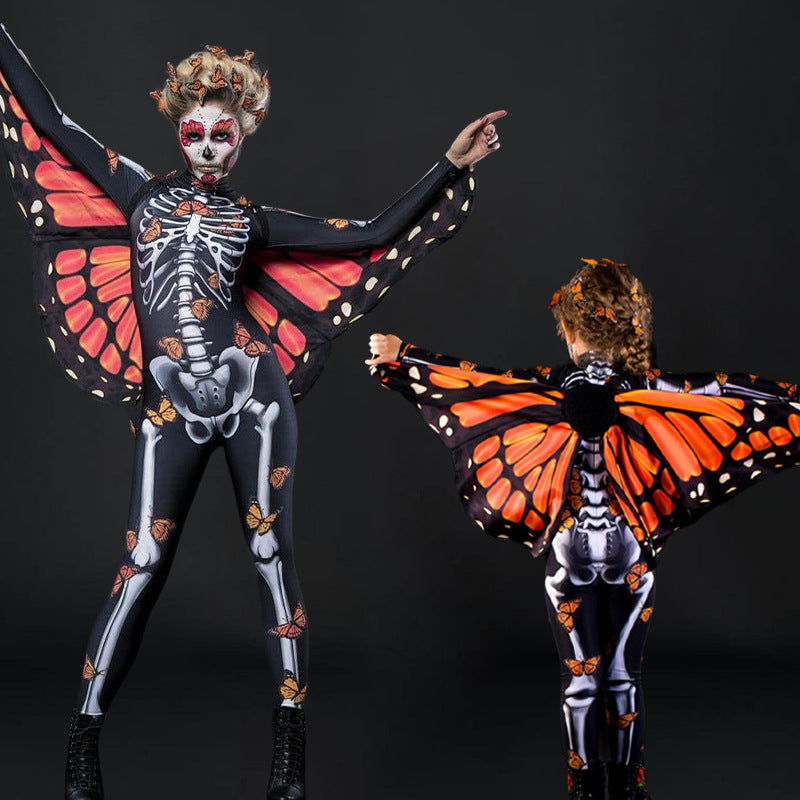 Women's bodysuit with skeleton pattern and butterfly wings, size