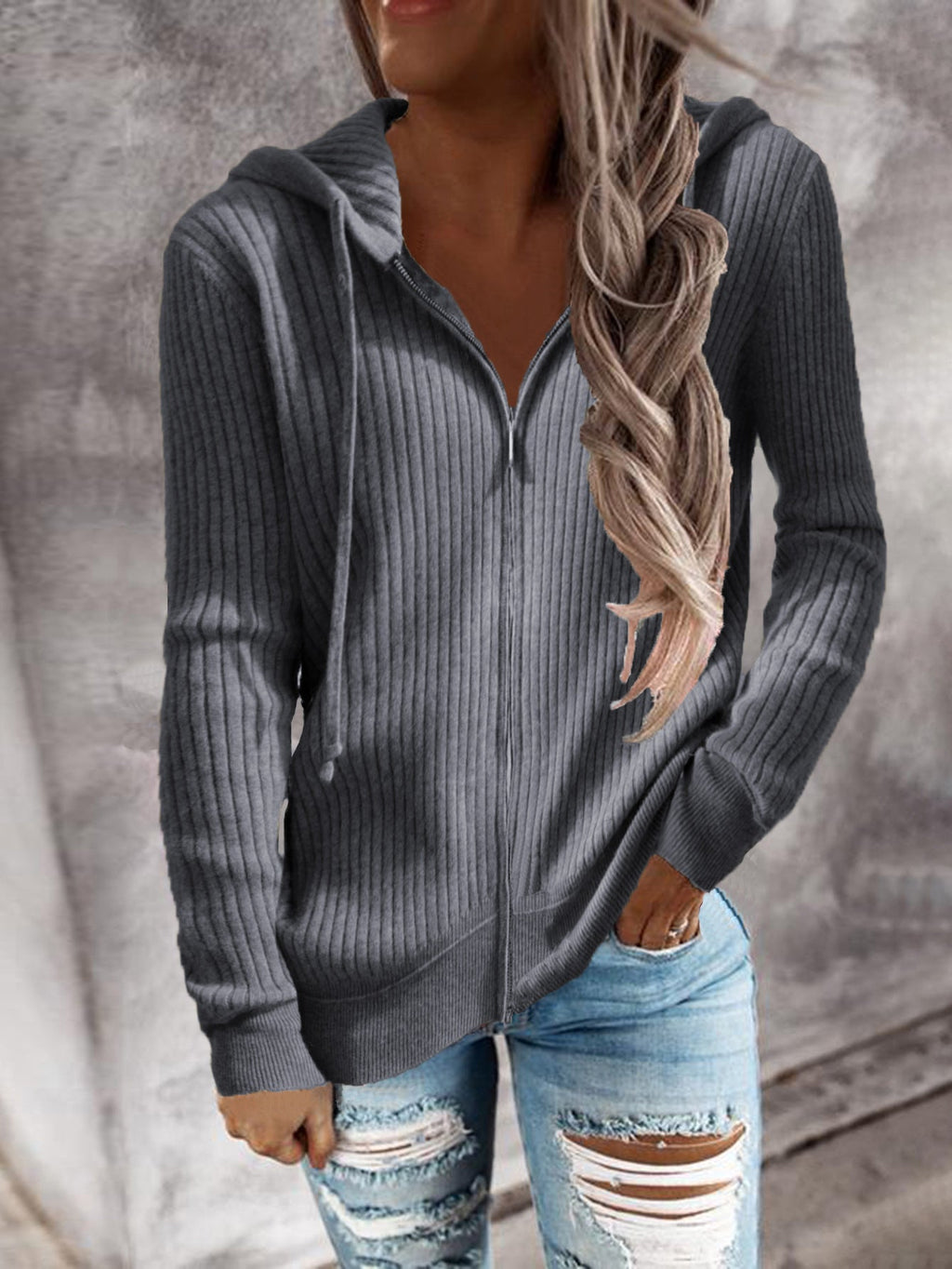 Damen-Kapuzenjacke mit Rippenstruktur und praktischen Taschen, Größe