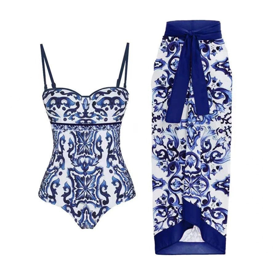 Damen-Badeanzug-Set mit eleganter Wickelrock-Optik und charmantem Motiv, Größe S