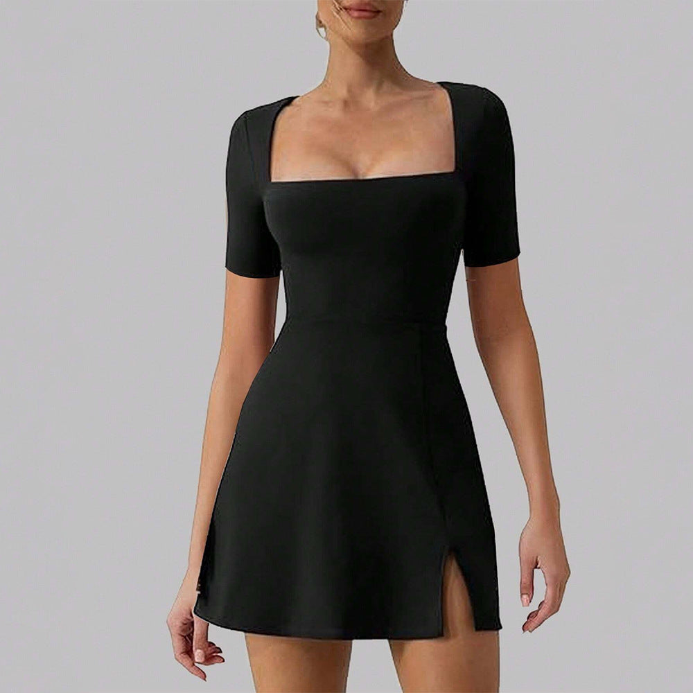 Women's elegant mini dress with square neckline and figure-hugging cut, size [size]