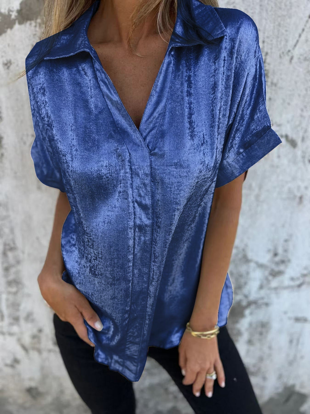 Damen Seidenbluse Kurzarm mit edlem Schimmer und modischem Revers, Größe S