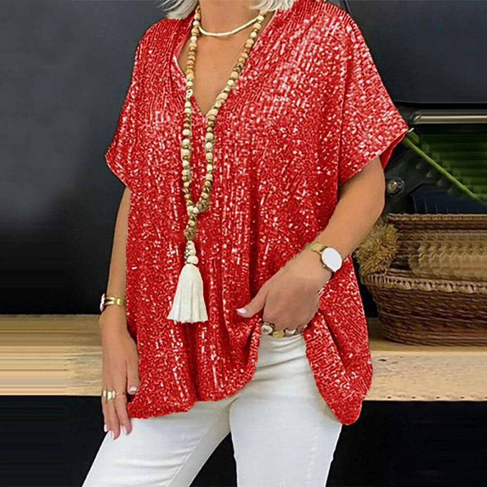 Women's sparkling top with an elegant V-neck and a relaxed fit, size [size]