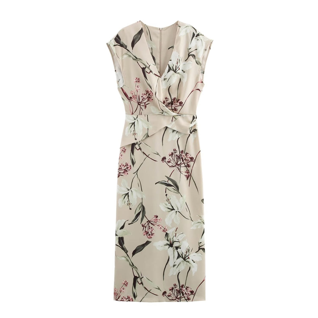 Valenzora | V-neck Textured Floral Print Midi Dress