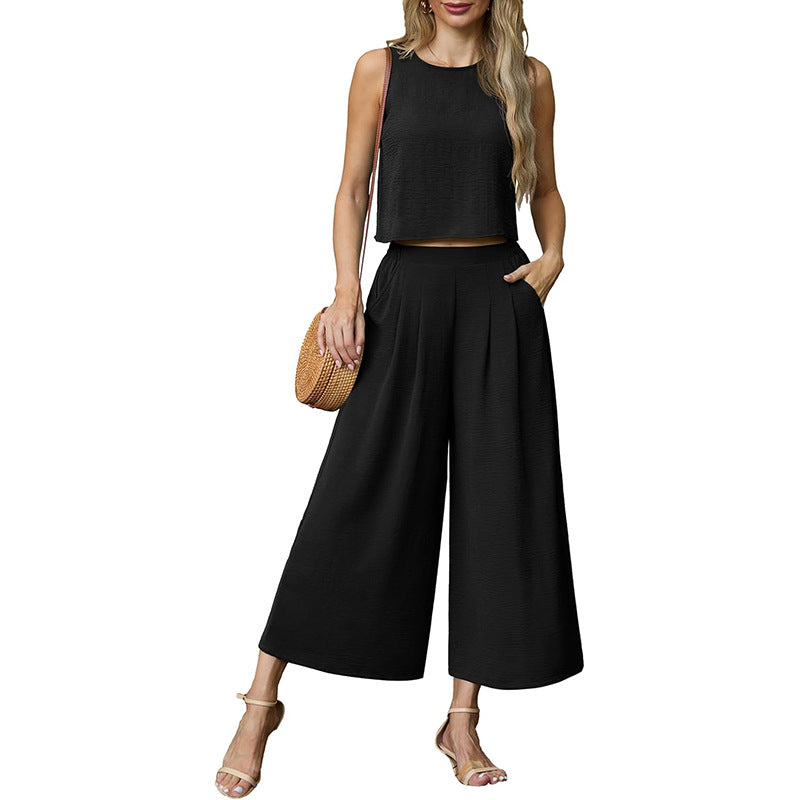 Luftiges Zweiteiler-Set für Damen mit weit geschnittener Hose und ärmellosem Oberteil, Größe [size]
