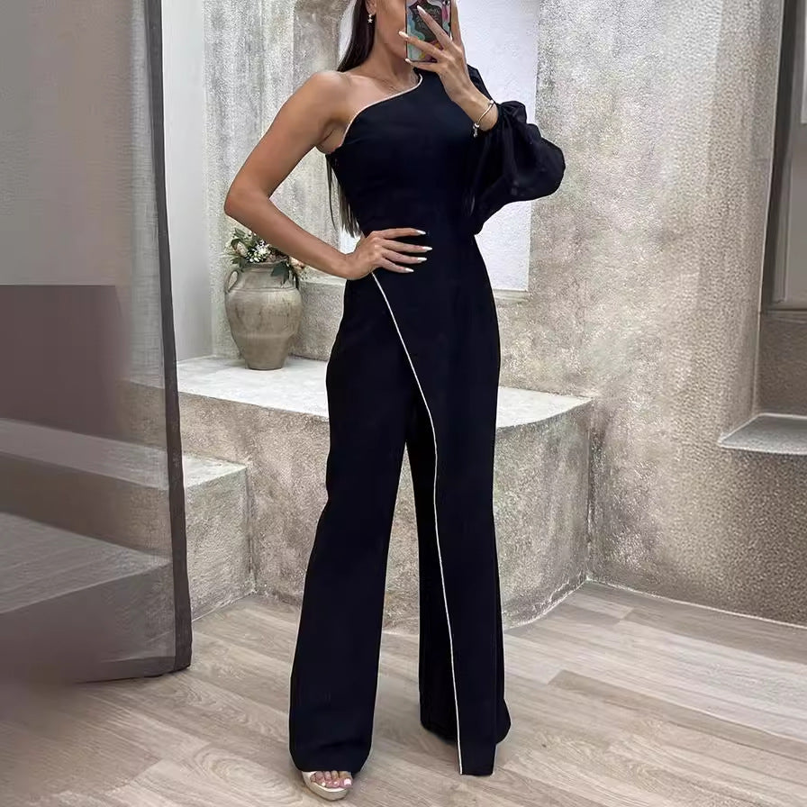 Women's elegant jumpsuit with asymmetrical cut and voluminous arm detail, size [size]