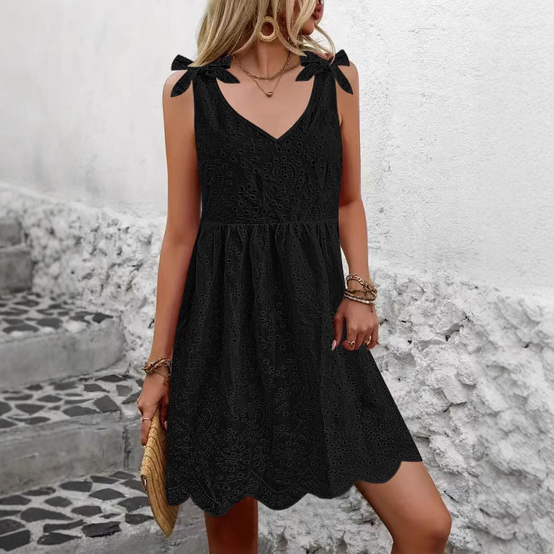 Women's airy summer dress with decorative openwork pattern and cute straps, size