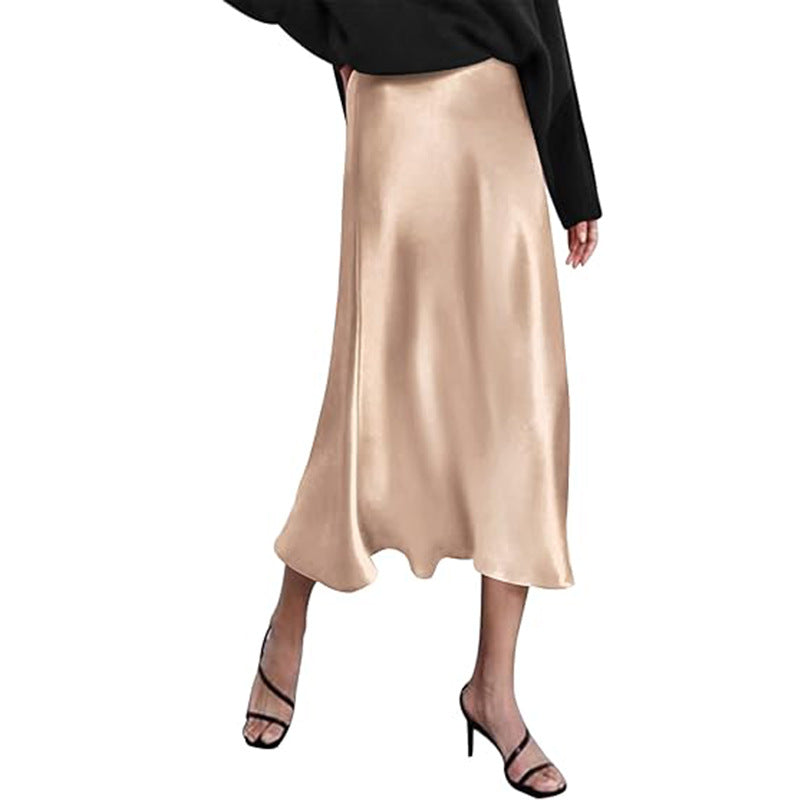 Women's elegant midi skirt in satin viscose with a flowing drape, size Valenzora