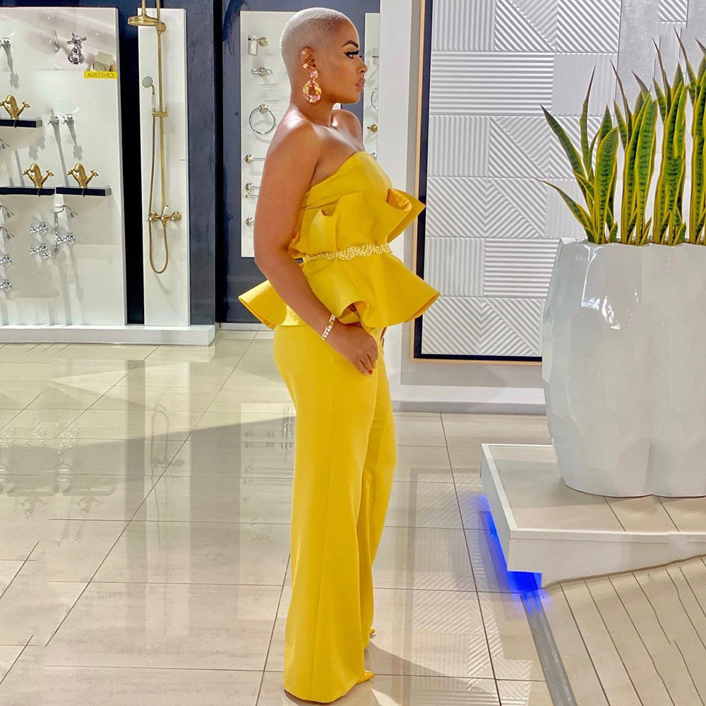 Damen-Jumpsuit mit voluminösen Rüschen und schulterfreiem Oberteil, Größe
