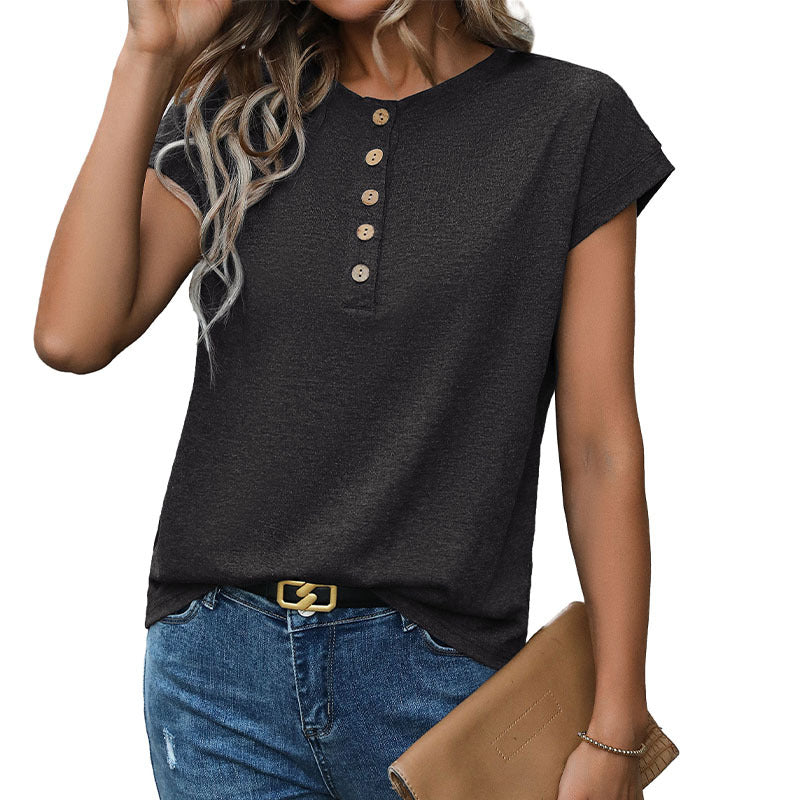Women's short-sleeved T-shirt with button placket, size