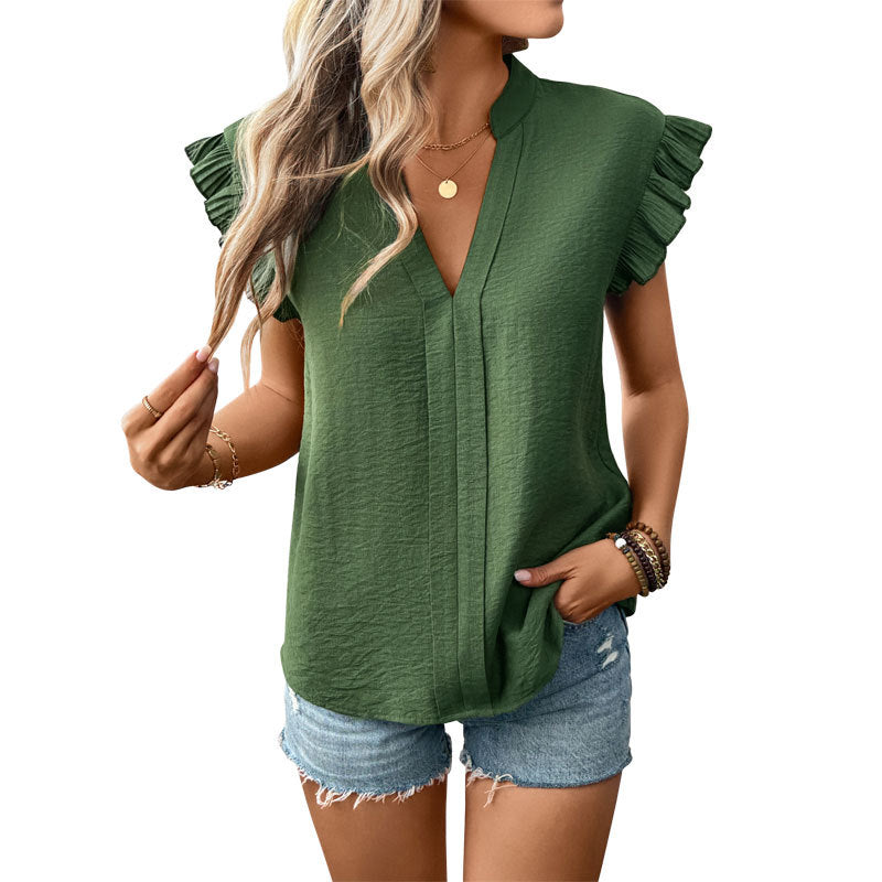 Women's blouse with voluminous ruffled sleeves and elegant V-neck, size [size missing]