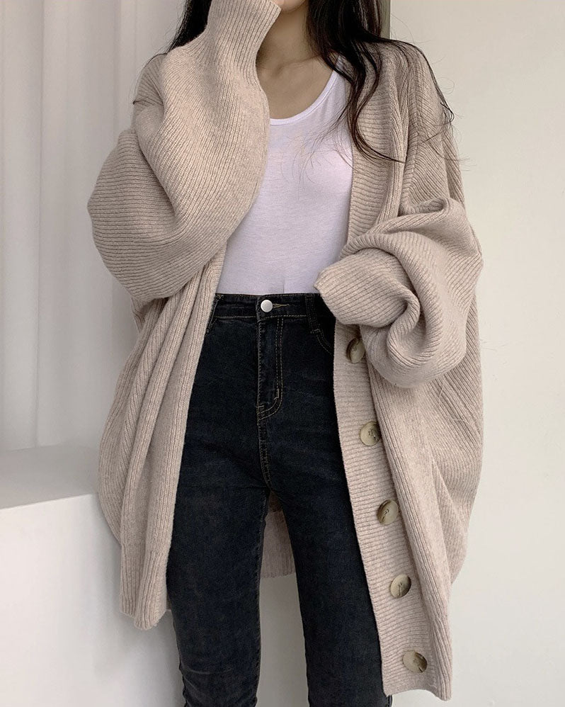 Valenzora V-neck single-breasted loose lantern sleeve knit cardigan