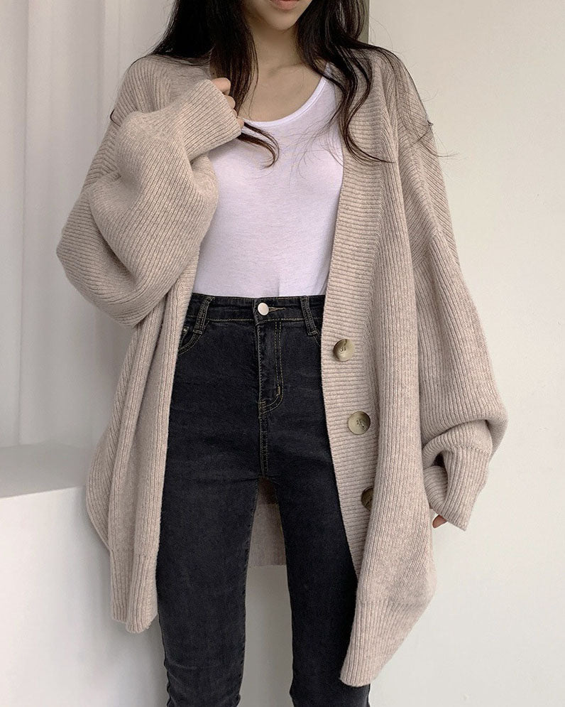 Valenzora V-neck single-breasted loose lantern sleeve knit cardigan