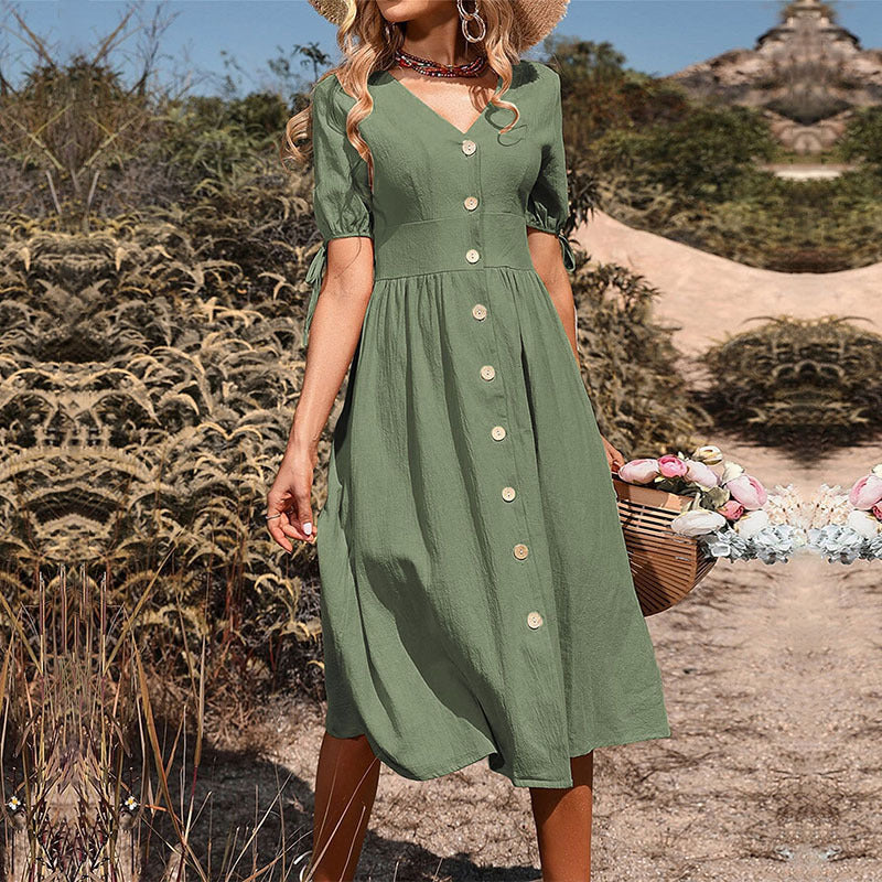 Damen-Sommerkleid, knielang, mit V-Ausschnitt und romantischen Knopfdetails, Größe