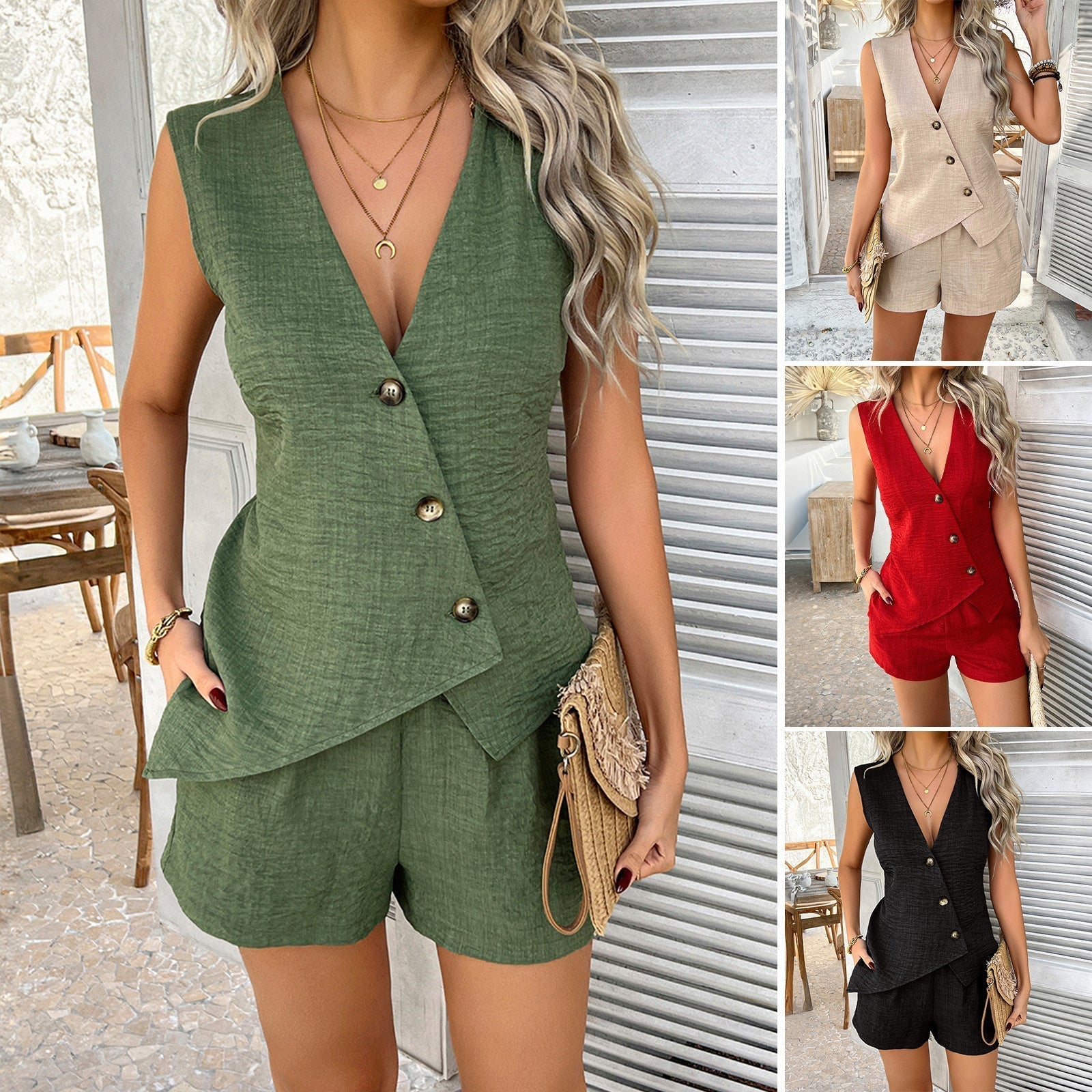 Women's elegant set consisting of a sleeveless top and short shorts, size
