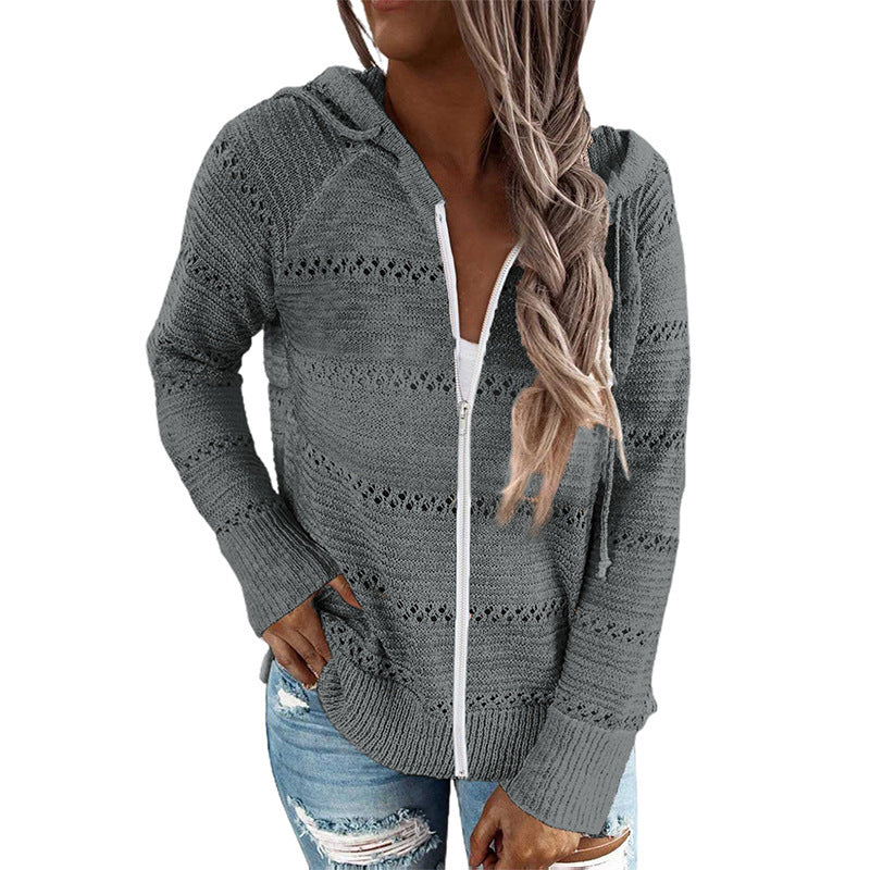 Women's casual cardigan with hood and decorative openwork pattern, size