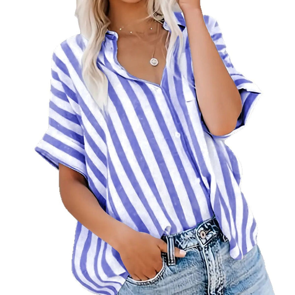 Damen Oversized Streifenhemd mit klassischem Kragen und kurzen Ärmeln, Größe