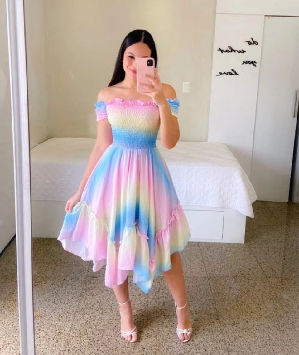 Women's summer off-the-shoulder dress with a colorful butterfly pattern and flowing pleats, size S