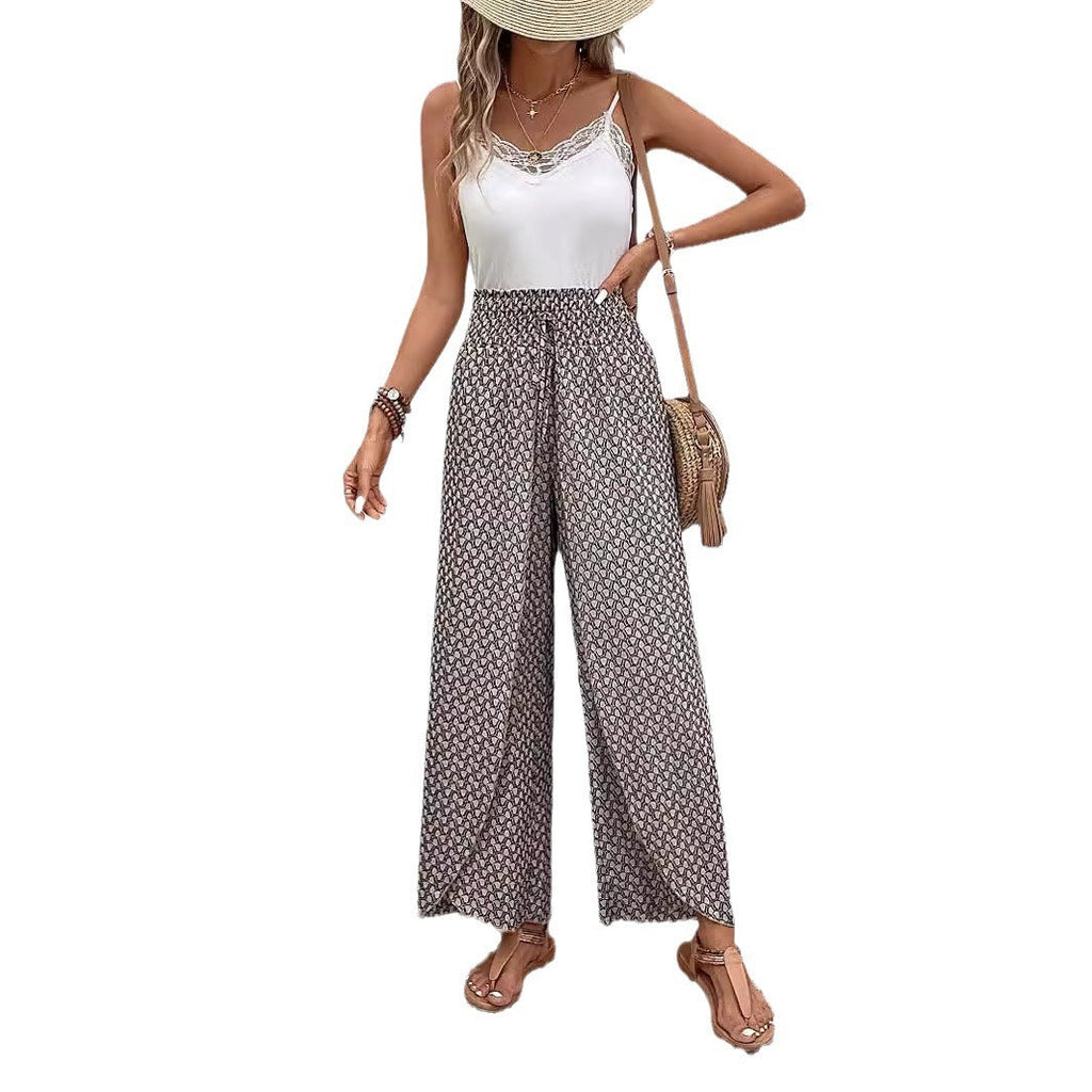 Damen-Sommerhose mit weitem Bein, elastischem Bund und Blumenmuster, Größe S