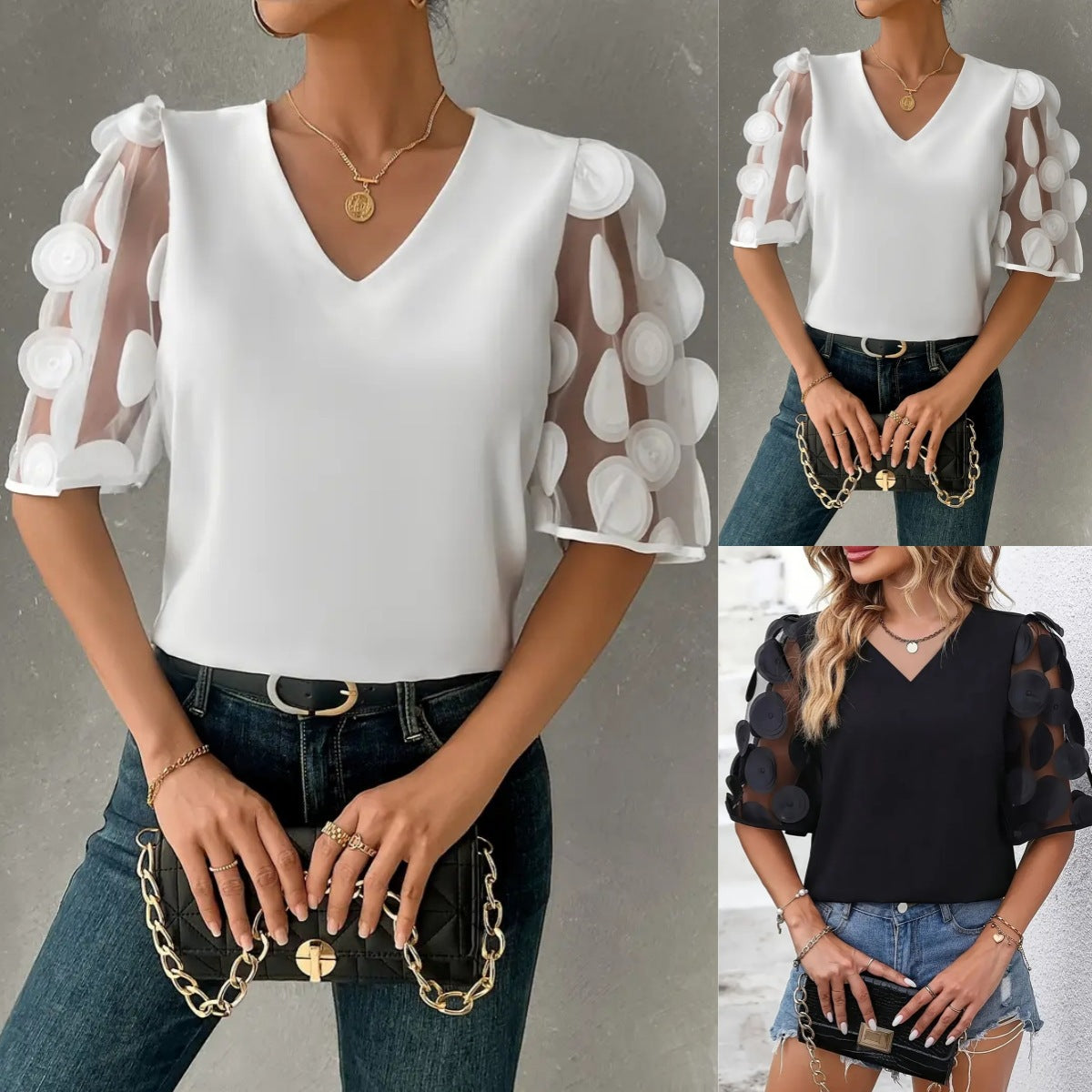 Women's blouse with sheer puff sleeves and elegant details, size S