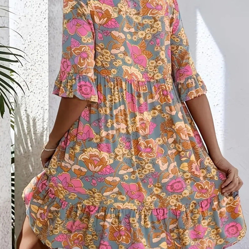 Damen Freizeitkleid mit floralem Muster und voluminösem Schnitt Drune